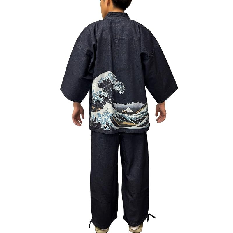 【新品】 [江戸てん] デニム作務衣 さむえ メンズ 北斎 富嶽三十六景 和柄 作務衣 上下セット M?5L 大きいサイズ 綿100％ 通年 腰に波 神奈川沖浪裏 紺 M