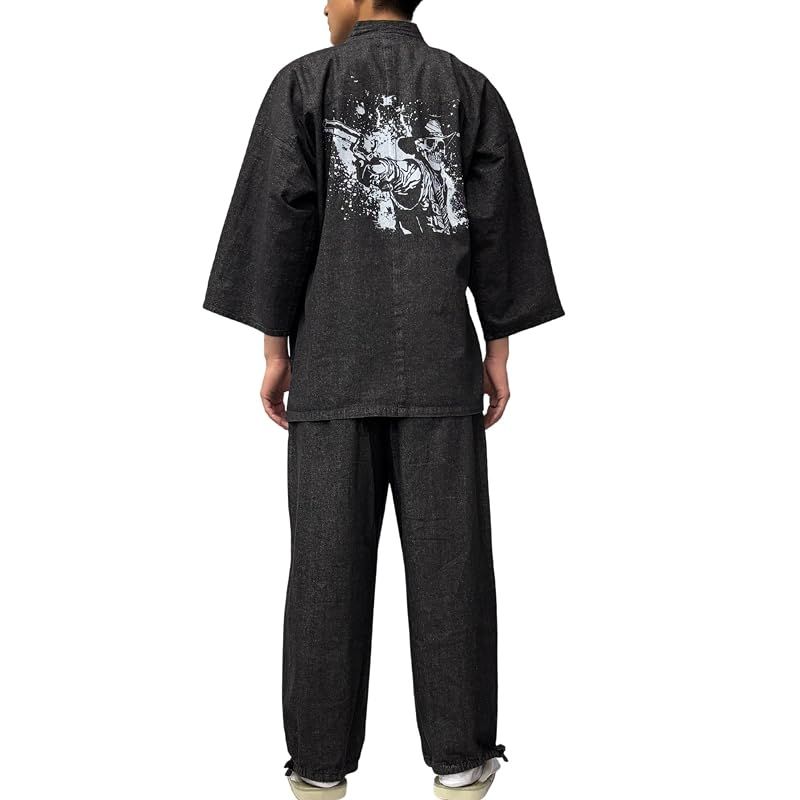 【新品】 [江戸てん] 作務衣 デニム生地 （綿100％） しっかりしているのに柔らかい さむえ 柄入り 通年 メンズ ガンマン髑髏 黒 M