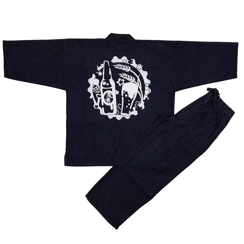 【新品】 [江戸てん] 作務衣 デニム生地 （綿100％） しっかりしているのに柔らかい さむえ 柄入り 通年 メンズ 瓶ビール 紺 L