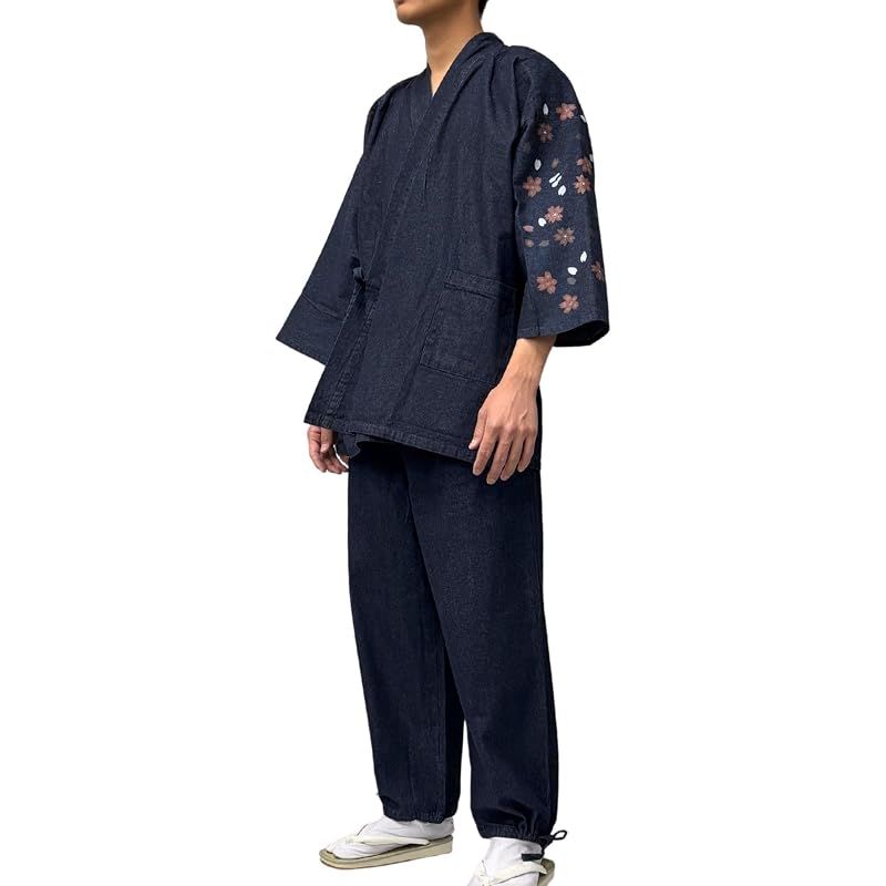 【新品】 [江戸てん] 作務衣 デニム生地 （綿100％） しっかりしているのに柔らかい さむえ 柄入り 通年 メンズ 桜カラー 左袖 紺 LL