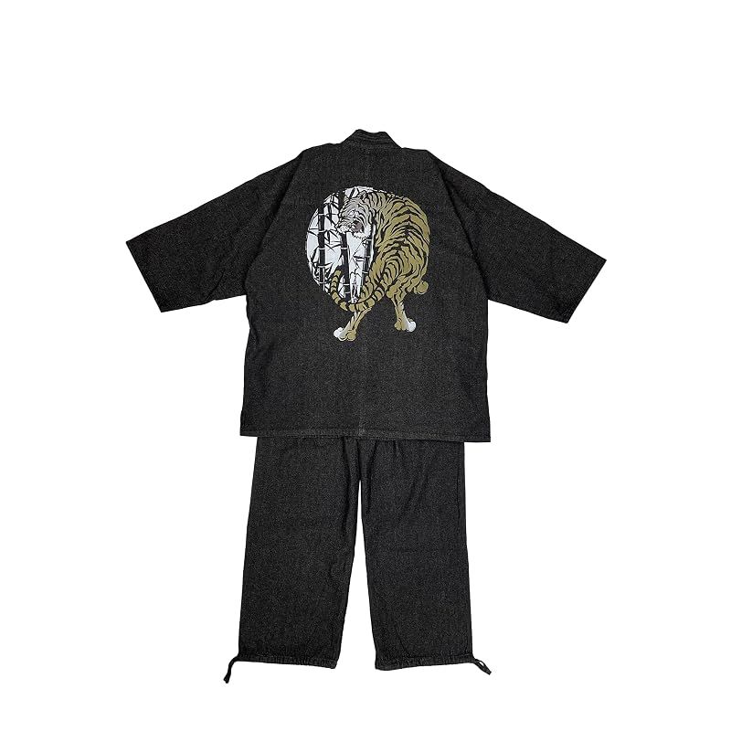 【新品】 [江戸てん] 作務衣 デニム生地 （綿100％） しっかりしているのに柔らかい さむえ 柄入り 通年 メンズ 竹と虎カラー 黒 LL