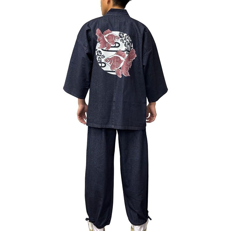 【新品】 [江戸てん] 作務衣 デニム生地 （綿100％） しっかりしているのに柔らかい さむえ 柄入り 通年 メンズ 金魚と朝顔 紺 LL
