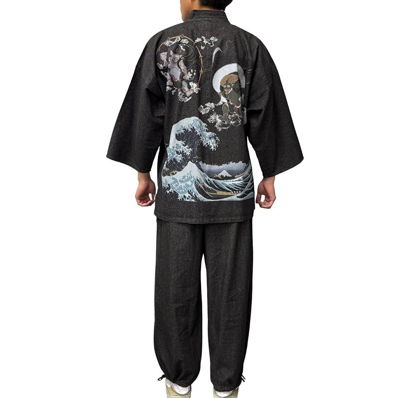 【新品】 [江戸てん] 作務衣 デニム生地 （綿100％） しっかりしているのに柔らかい さむえ 柄入り 通年 メンズ 風神雷神波 黒 LL