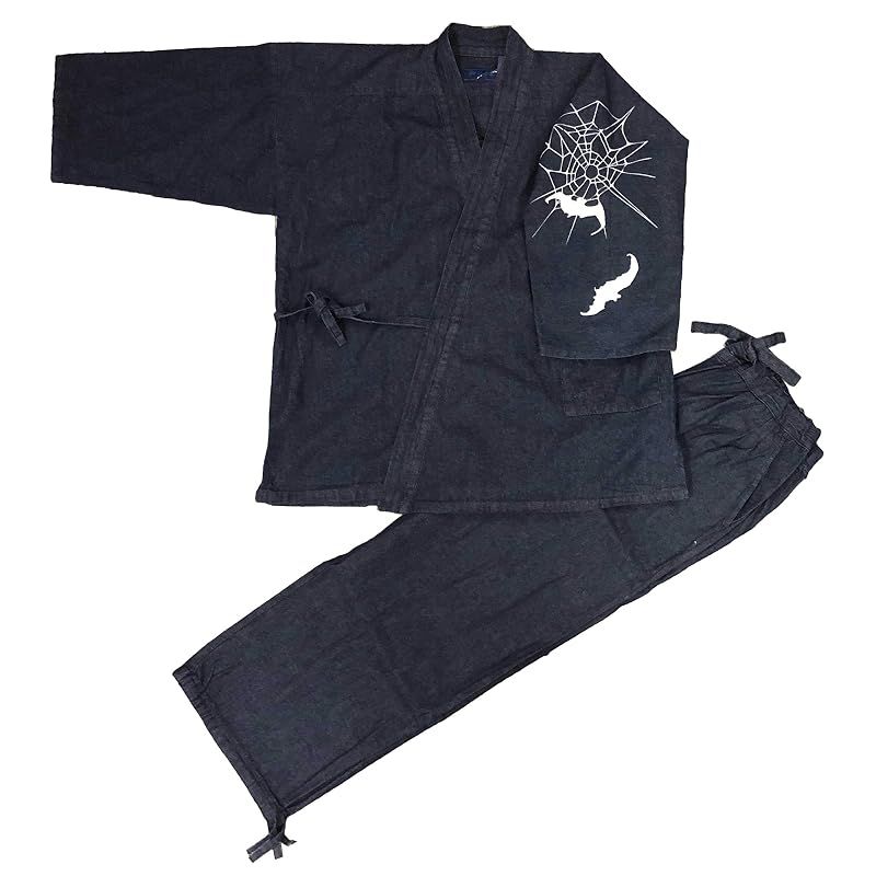 【新品】 [江戸てん] 作務衣 デニム生地 （綿100％） しっかりしているのに柔らかい さむえ 柄入り 通年 メンズ 蝙蝠と蜘蛛の巣 左袖 紺 LL