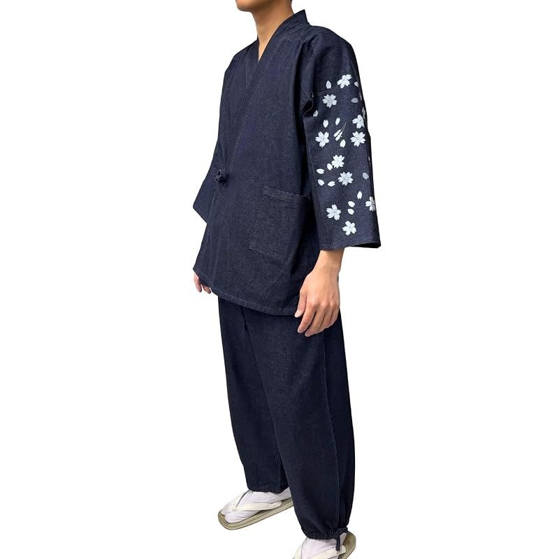 【新品】 [江戸てん] 作務衣 デニム生地 （綿100％） しっかりしているのに柔らかい さむえ 柄入り 通年 メンズ 桜白 左袖 紺 4L