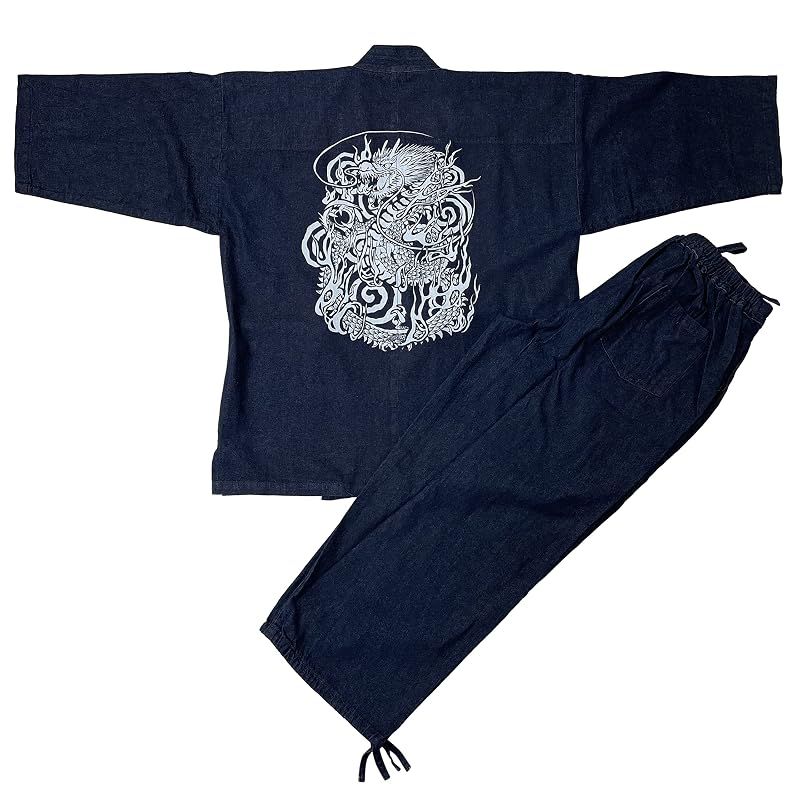 【新品】 [江戸てん] 作務衣 デニム生地 （綿100％） しっかりしているのに柔らかい さむえ 柄入り 通年 メンズ 渦龍 紺 4L