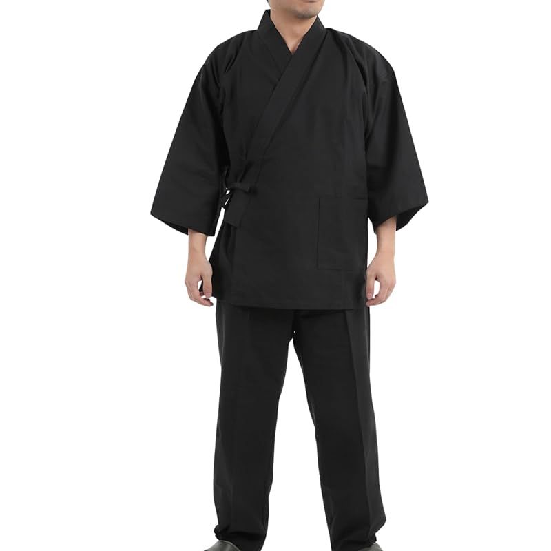 【新品】 [江戸てん] 作務衣 久留米紬織り 日本製 高級 素材からこだわりました つむぎ メンズ 黒 3L