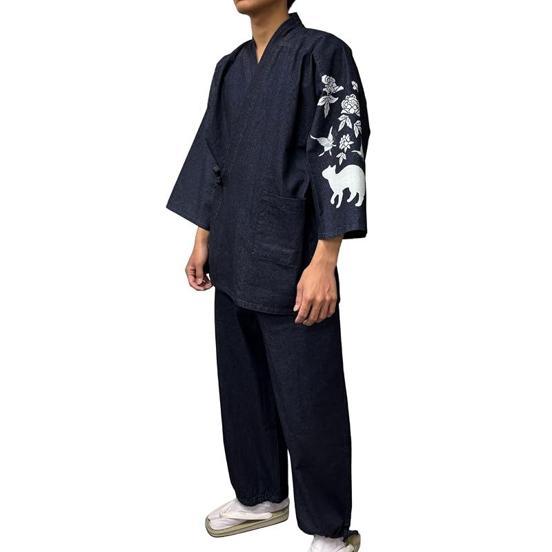 【新品】 [江戸てん] デニム作務衣 上下セット 大きいサイズ M?5L メンズ 捺染プリント 猫と牡丹 左袖 紺 L