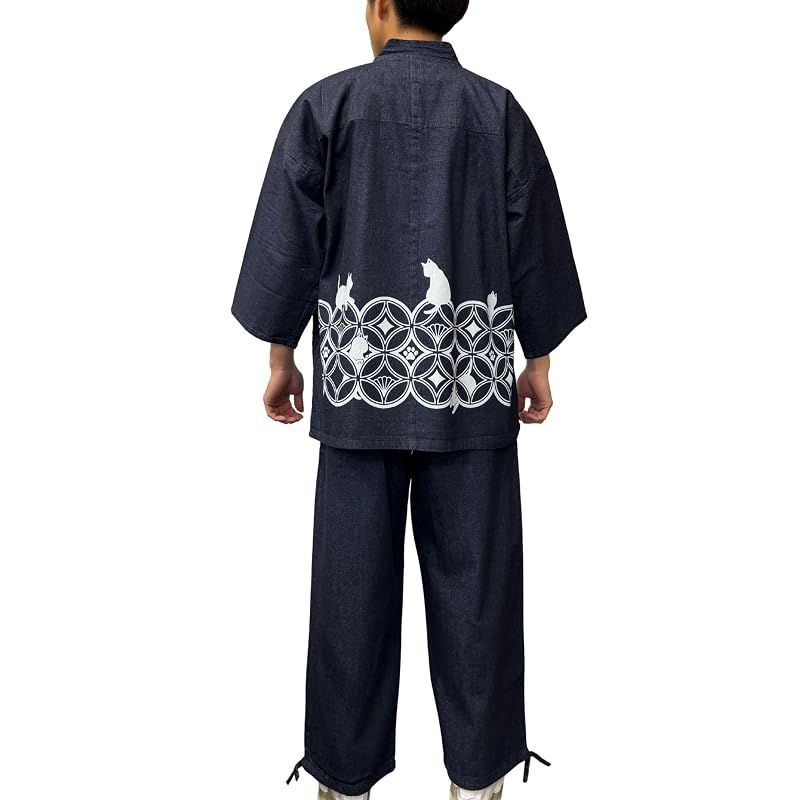 【新品】 [江戸てん] デニム作務衣 上下セット 大きいサイズ M?5L メンズ 捺染プリント 腰に七宝猫 紺 3L