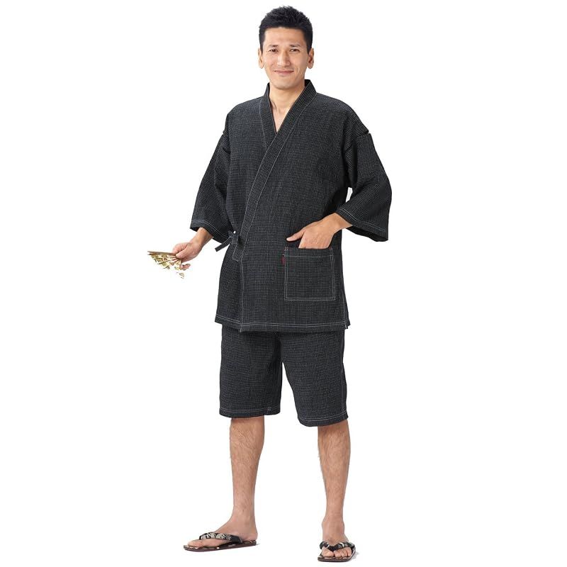【新品】 綿の郷(ワタノサト) 久留米ちぢみ織文人柄甚平 品質本位 日本製 サイズ S/M/L/LL/3L (3L, black)