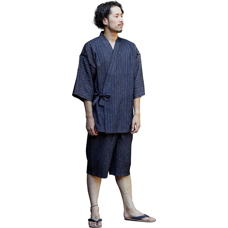 【新品】 綿の郷(ワタノサト) 久留米ちぢみ織甚平 全行程 日本製 サイズ S/M/L/LL/3L 父の日 プレゼント 実用的 ファッション おしゃれ 服 (極細縞白, S)