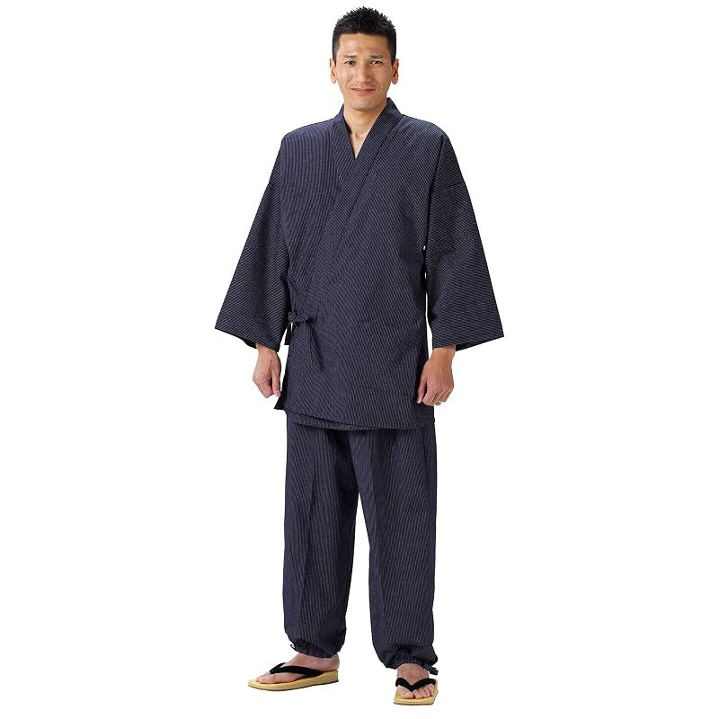 【新品】 綿の郷(ワタノサト) 日本製 久留米紬織作務衣 (M, ストライプ)