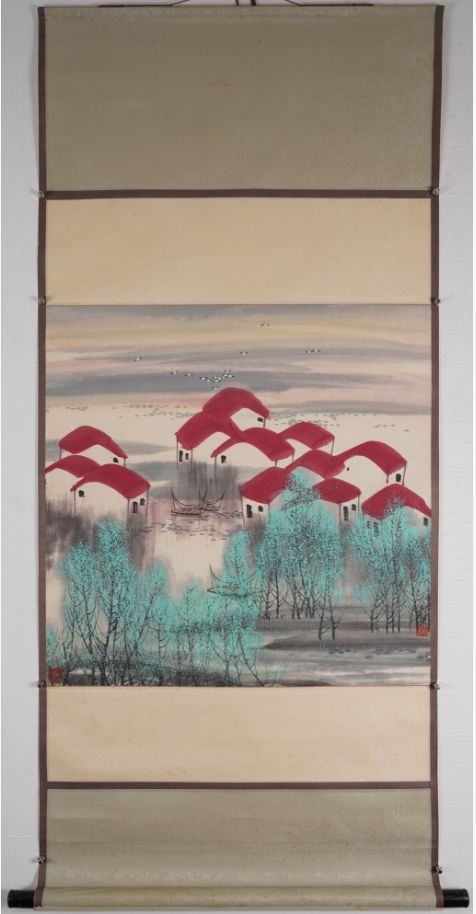 王利鎖『江南水郷』中国掛軸 設色紙本 山水画 風景画 中国美術 骨董 古美術品