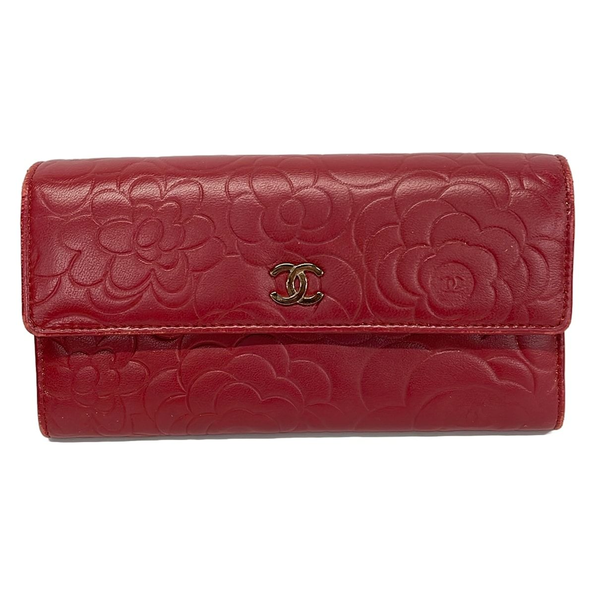CHANEL(シャネル) 長財布 カメリア ボルドー ゴールド金具 ラムスキン