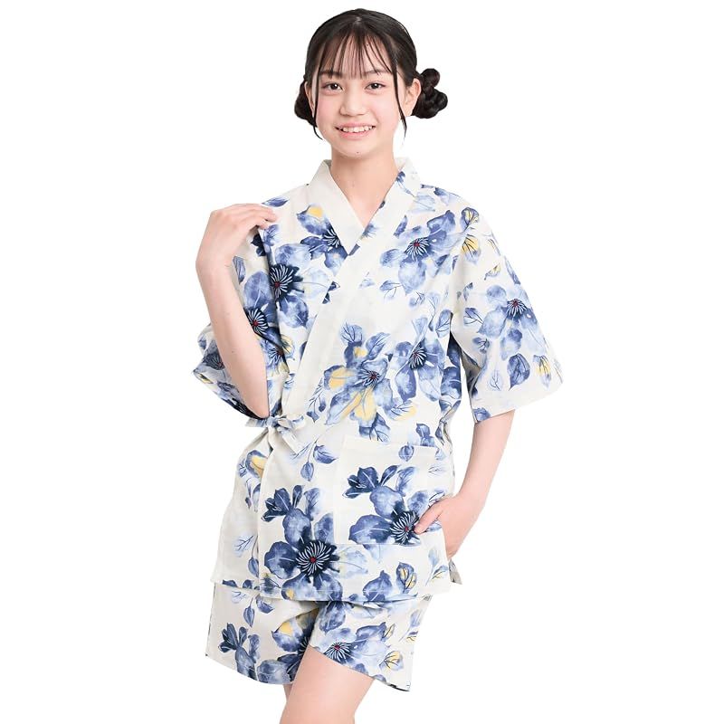 【新品】 [ON NISHIKI] 甚平 女の子 キッズ 子供 (140 150 160 165) 綿100％ 変わり織り 夏 涼しい 上下セット ジュニア 小学生 中学生 花火大会 夏祭り 盆踊り イベント 和柄 レトロ 花柄 ルームウェア (水彩鉄線(ｸﾚ