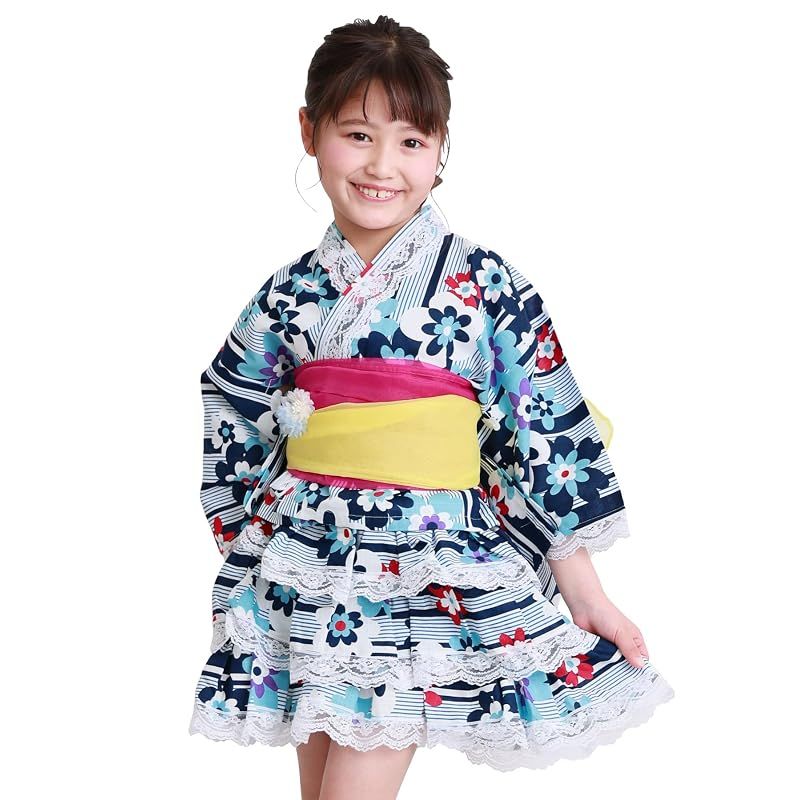 【新品】 [ON NISHIKI] 浴衣 子供 キッズ 女の子 セパレート (上衣＋スカート＋帯2本) 4点セット 綿100％ (100cm/110cm/120cm) 簡単着付け ドレス浴衣 甚平 オーガンジー兵児帯 フリル レトロ 和柄 (紺縞にレトロフ 0