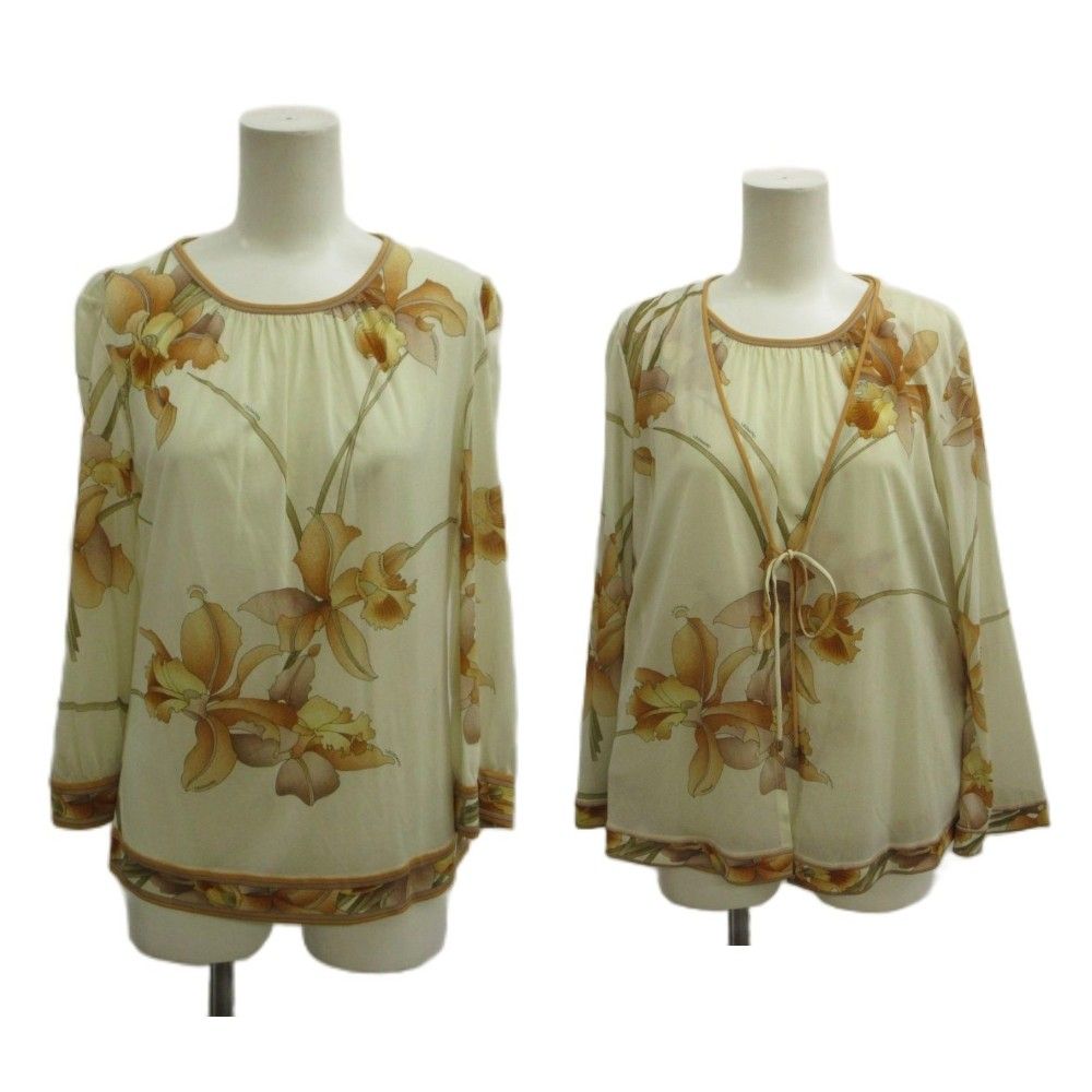 レオナール LEONARD アンサンブル シャツ ブラウス M/L ベージュ マルチカラー 花柄 長袖 ラウンドネック /PP ■GY62