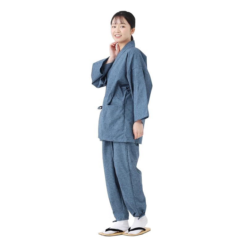 【新品】 [たゆたふ] 作務衣 レディース 綿100 女性 久留米織 女性 ギフト 通年 おしゃれ パジャマ 日本製生地 洗える さむい 無地 上下セット 部屋着 リラックスウェア 和装 旅館 作業着 ルームウェア プレゼント ギフト 母の日 (ネップ ブルー