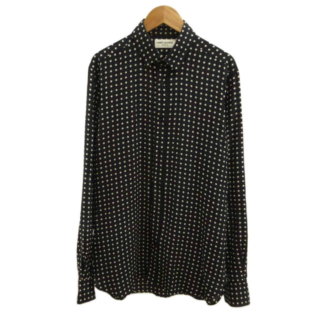 サンローラン パリ SAINT LAURENT PARIS シャツ 絹 シルク 黒 ブラック 白 ホワイト ドット柄 長袖 /PP ■GY62