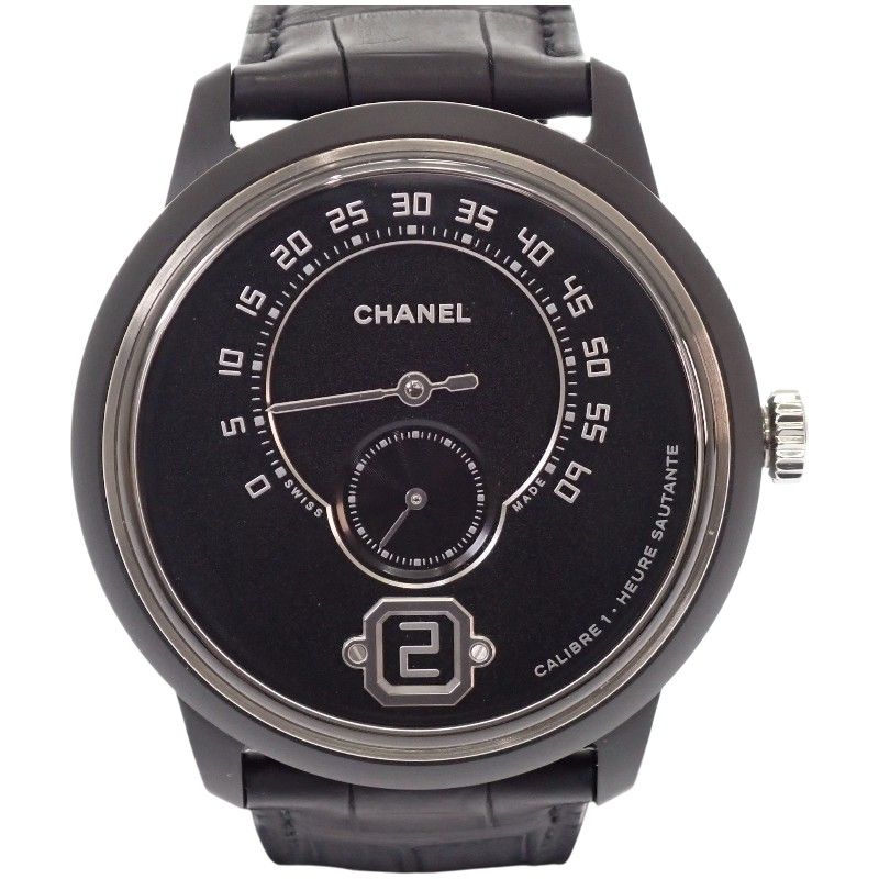 シャネル CHANEL ムッシュー ドゥ シャネル メンズ ウォッチ 世界55本限定 H5486 腕時計 ステンレススチール セラミック ブラック 紳士 黒 革ベルト Dバックル エディションノワール 手巻 箱付 保証書付 ギフト【中古】【Aランク】