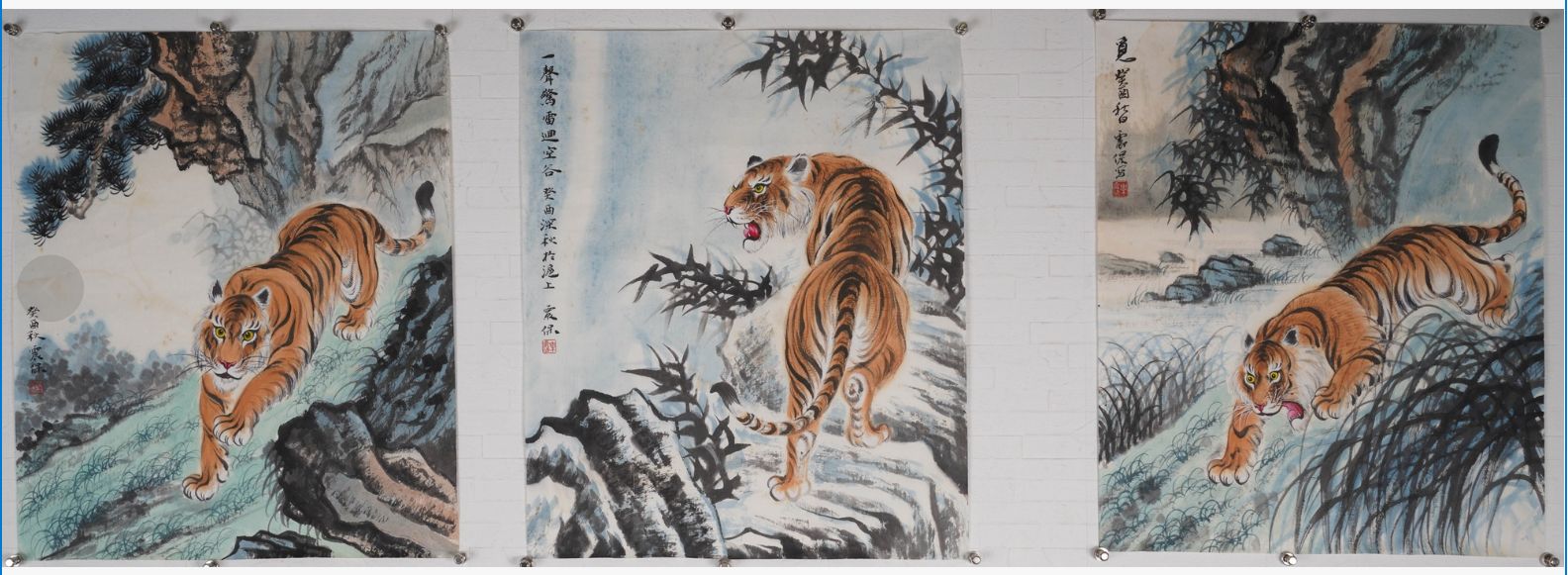 楽震保『虎図 3点一組』中国絵画 設色紙本 鏡片 猛虎 鎮宅 縁起物 中国美術 骨董