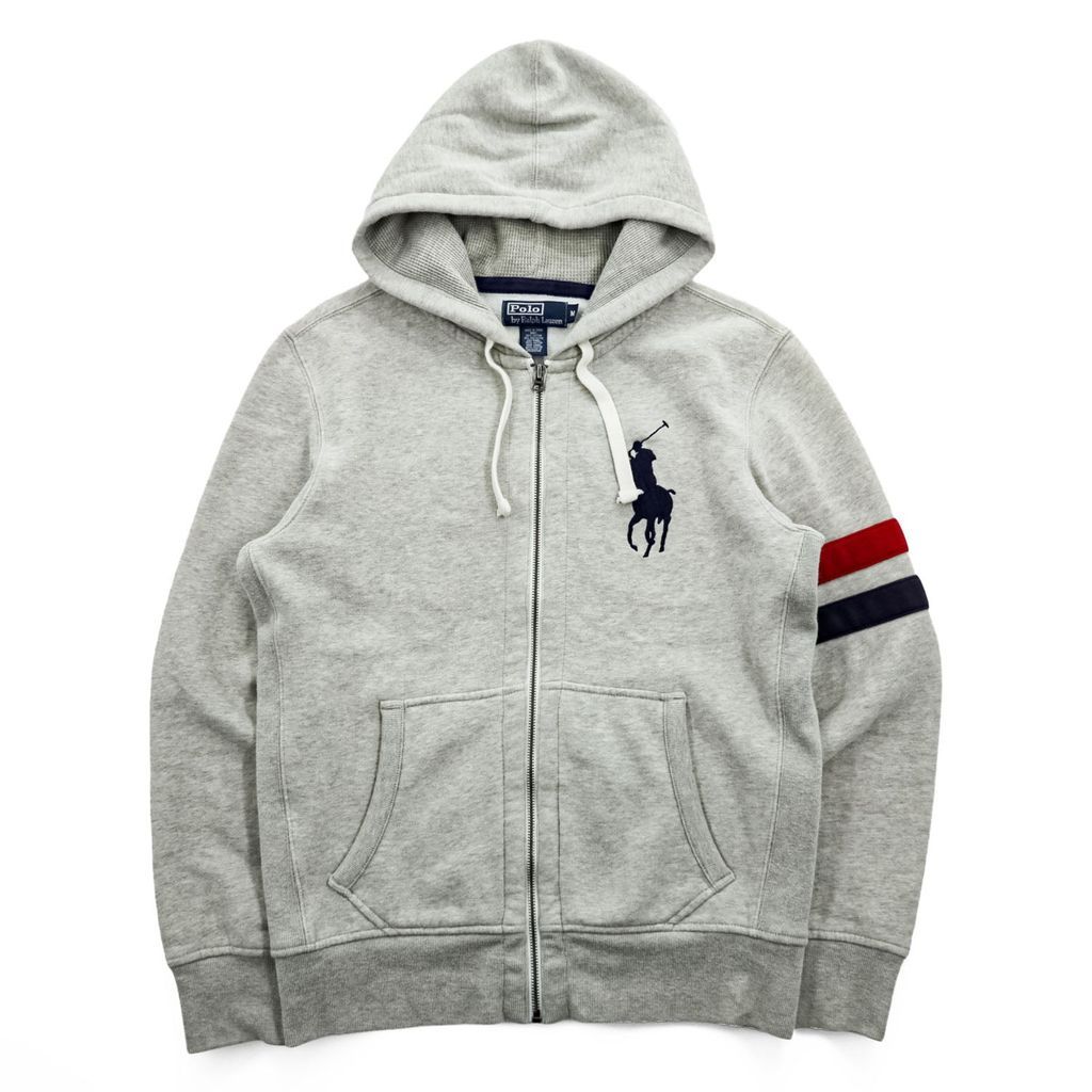 Polo Ralph Lauren 90年代 ヴィンテージ ビッグポニー リバースウィーブ ジップパーカー M グレー フロントポケット 裏起毛 サーマル 袖ライン