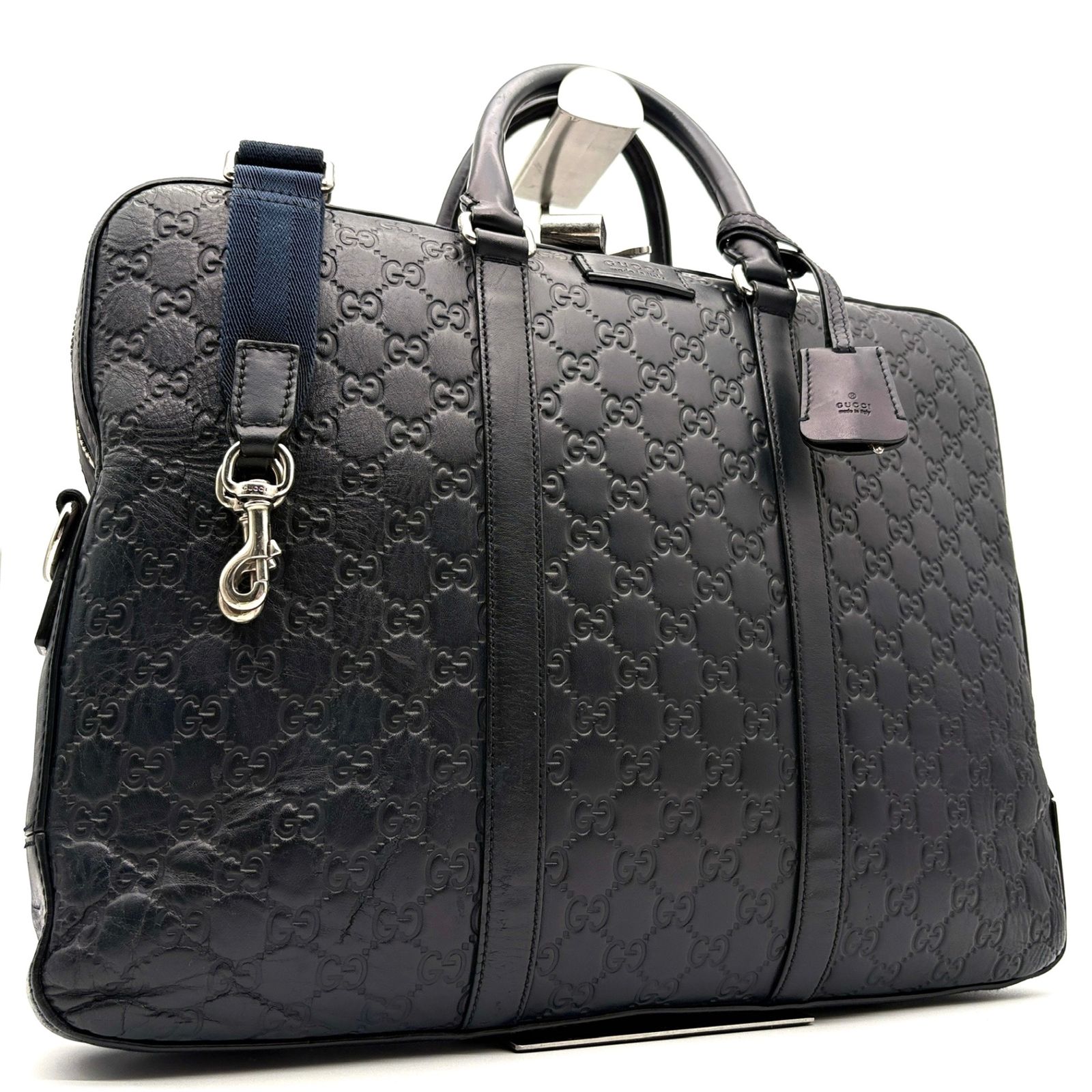 美品 グッチ GUCCI シマレザー GG柄 2way ビジネスバッグ ブリーフケース 書類カバン ショルダーバッグ ネイビー 紺 本革 ボーナス 夏休み 帰省 お盆 敬老の日 サマーギフト シルバーウィーク ご褒美 メンズ 男性