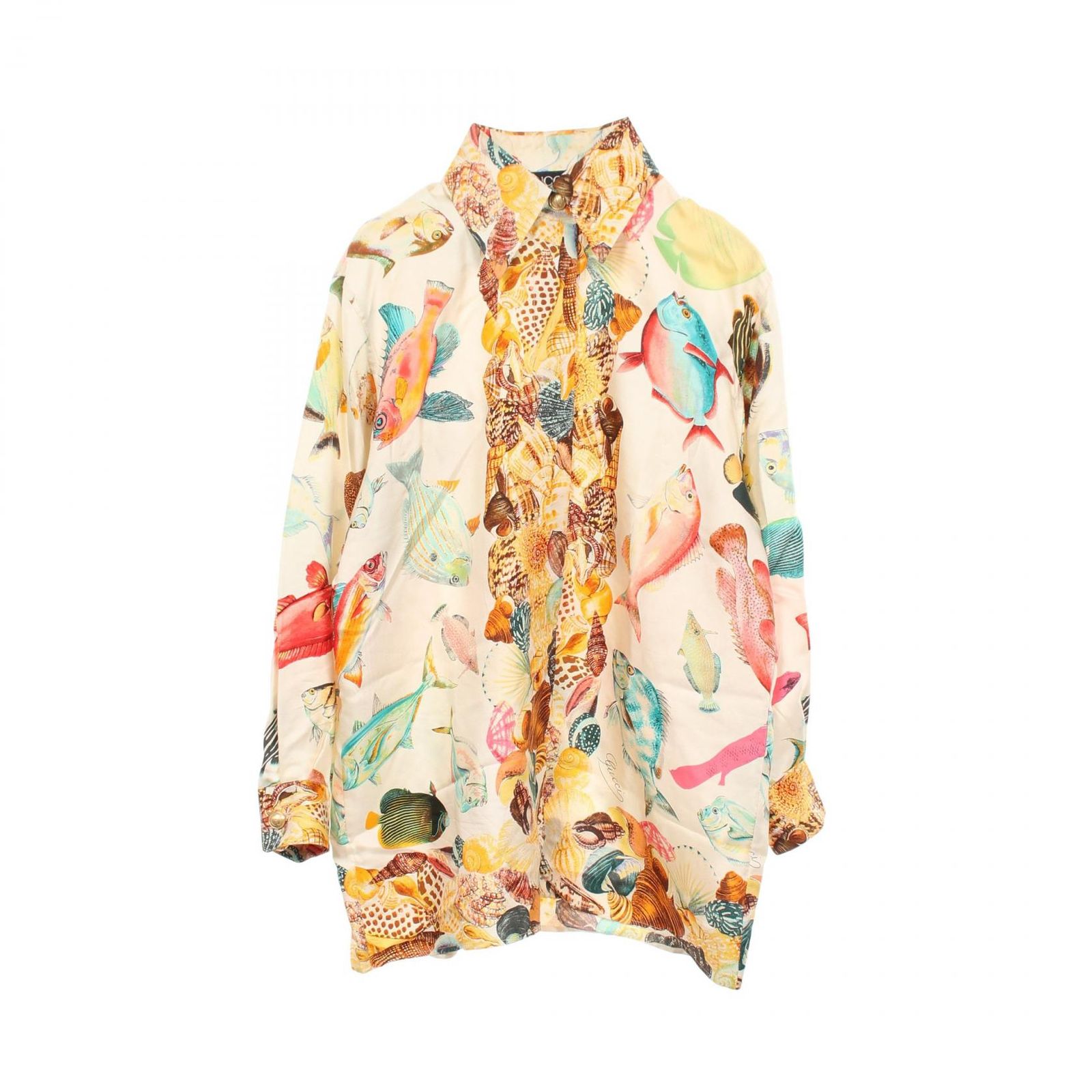グッチ GUCCI 総柄 魚 長袖 シルク シャツ レディース Used B