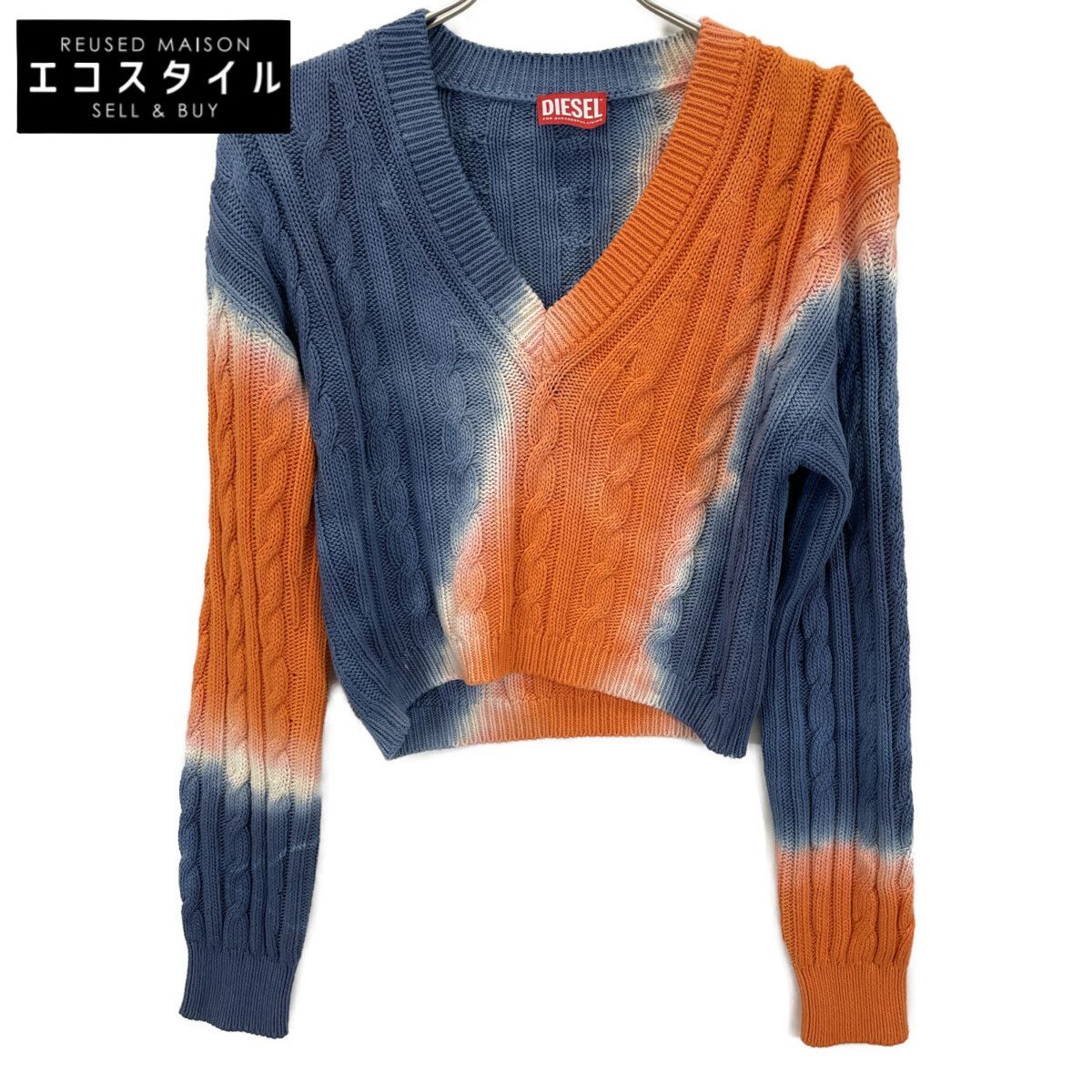 DIESEL　ディーゼル　オレンジ×ブルー バイカラー グラデーション ケーブルクロップドニット　S