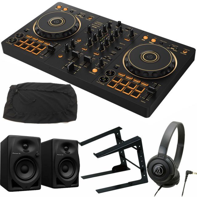 PIONEER DJコントローラー DDJ-FLX4-N (ゴールド) + ヘッドホン ATH-S100 + PCスタンド + スピーカー DM-40D + ダストカバー セット