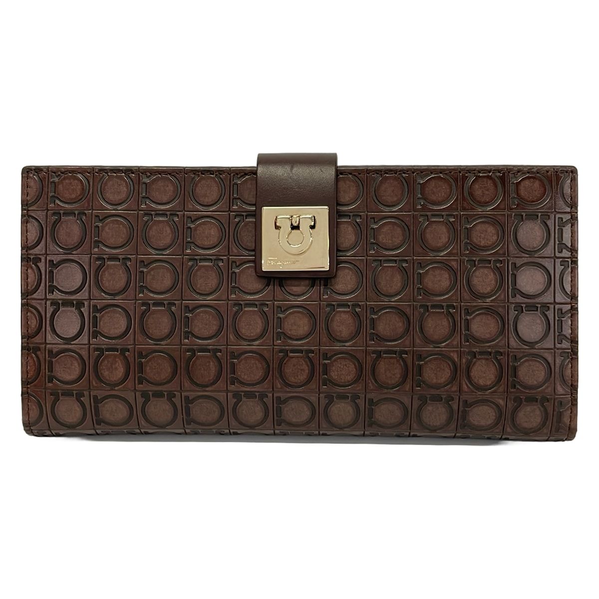 FERRAGAMO/SalvatoreFerragamo(サルバトーレフェラガモ) 長財布美品 ガンチーニ ダークブラウン 型押し加工 レザー