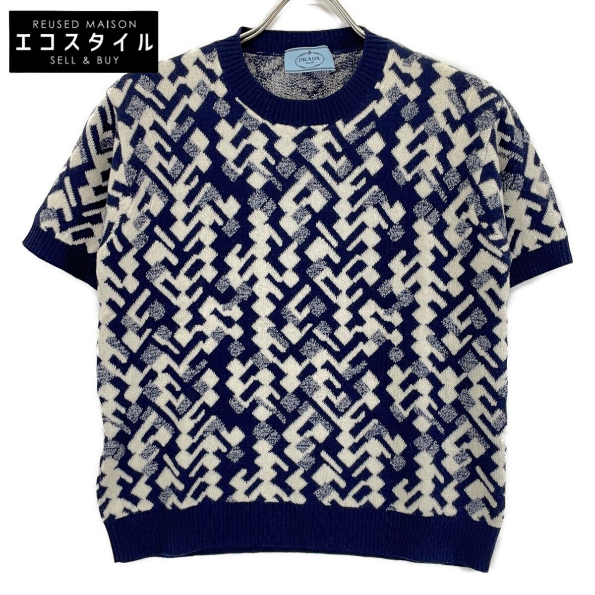 PRADA　プラダ　P24TOP 19年 ブルー ウールカシミヤ 総柄半袖ニット　40