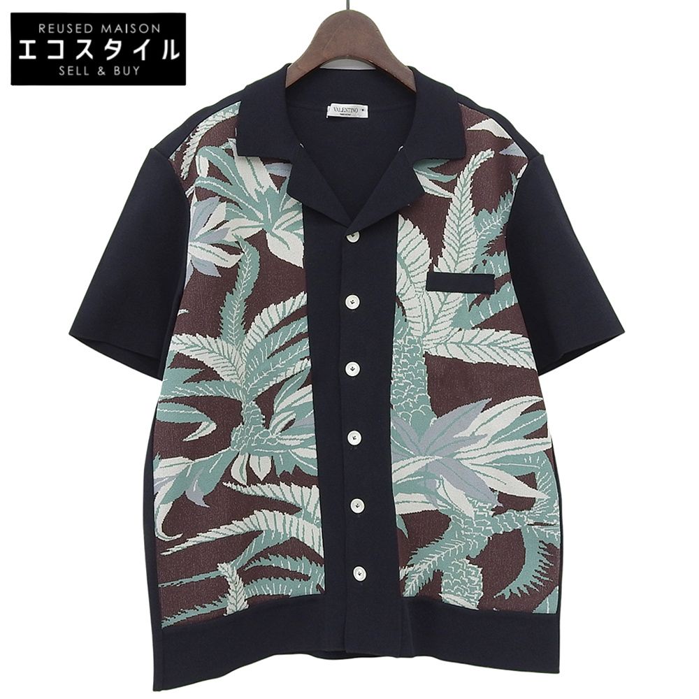 VALENTINO　ヴァレンティノ　新品同様 レーヨン オープンカラーニットシャツ トップス メンズ ネイビー グリーン ブラウン S MV3KP02T45W　S