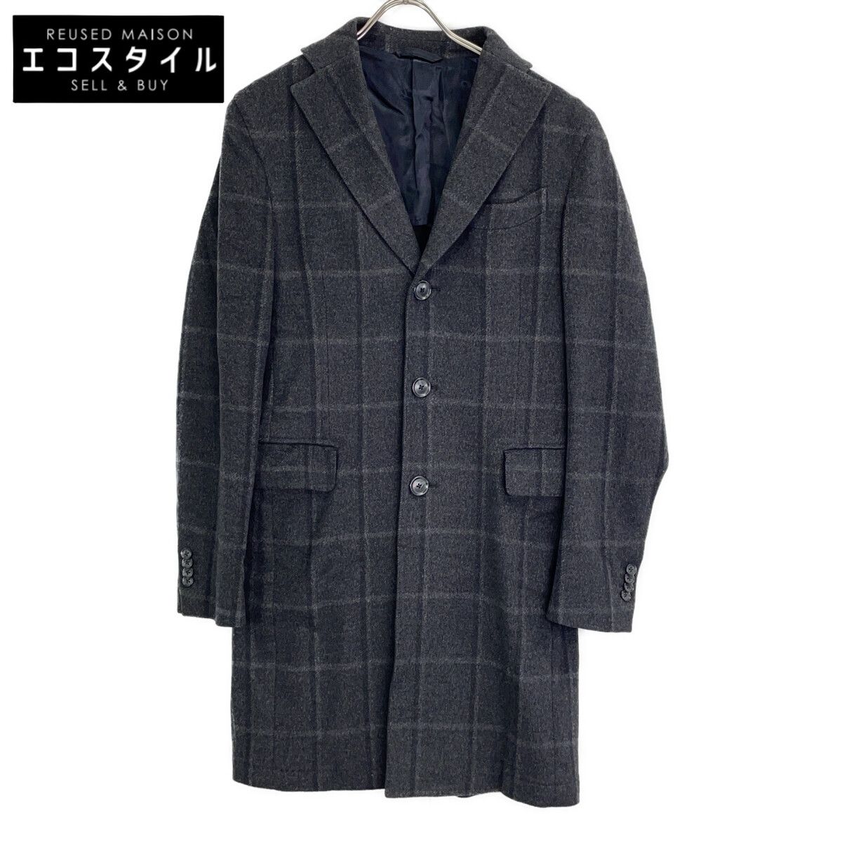 L.B.M.1911　エルビーエム1911　7050 ダークグレー チェック ウール×カシミヤ チェスターコート　46