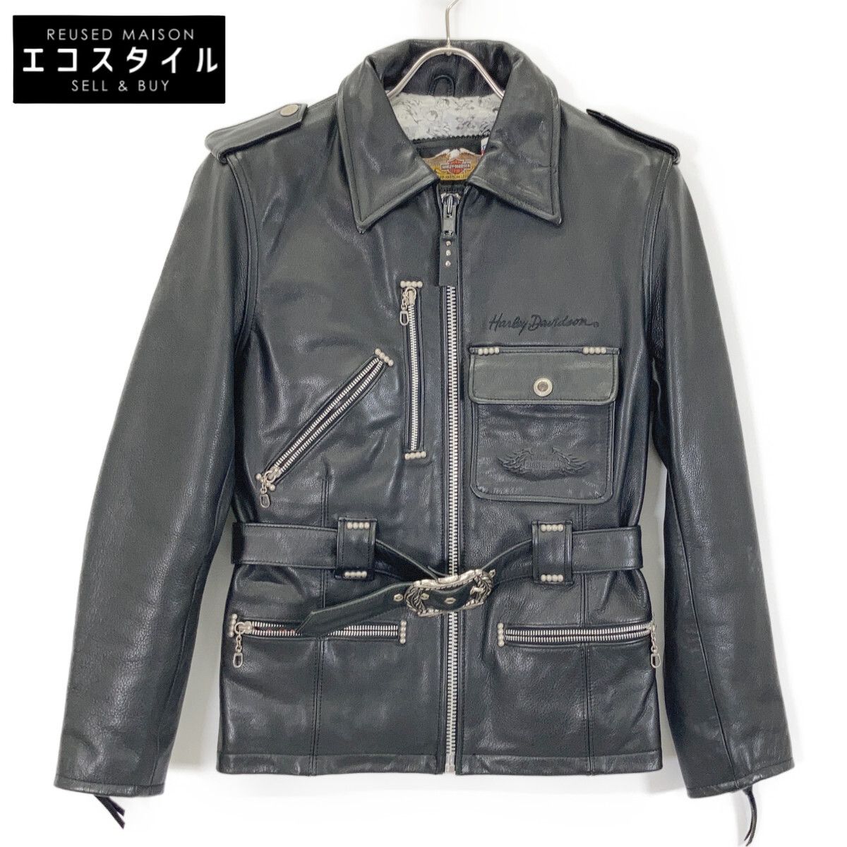 HARLEY DAVIDSON　ハーレーダビッドソン　9406 ブラック スタッズ装飾 バックエンボスロゴ ベルテッドレザーライダースジャケット　SMALL