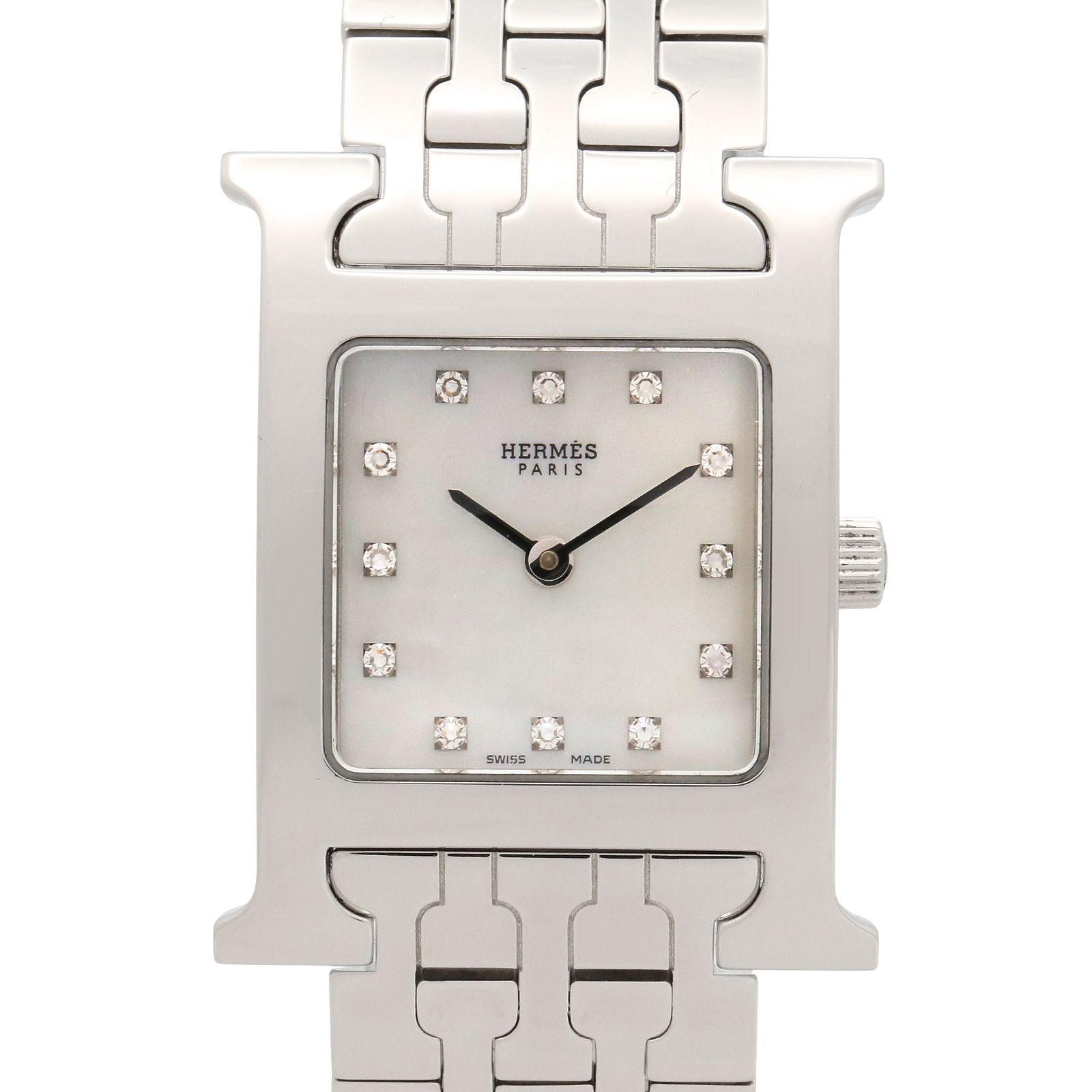 エルメス HERMES 腕時計 Hウォッチ 12Pダイヤ HH1.210 ホワイトシェル ステンレススチール ダイヤモンド Hウォッチ 12Pダイヤ レディース Used A