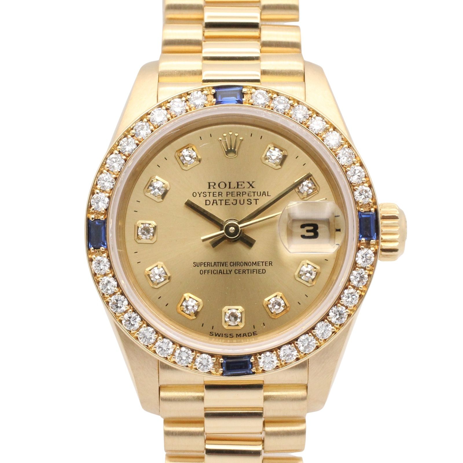 ロレックス ROLEX 腕時計 デイトジャスト 10Pダイヤ/ベゼルダイヤ/4Pサファイヤ E番 69088G CH/NP K18（イエローゴールド） ダイヤモンド デイトジャスト 10Pダイヤ/ベゼルダイヤ/4Pサファイヤ E番
