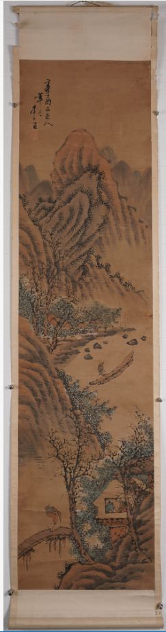 【在銘】中国山水画『山水人物図』中国掛軸 設色紙本 元木箱付 唐画 骨董 古美術品