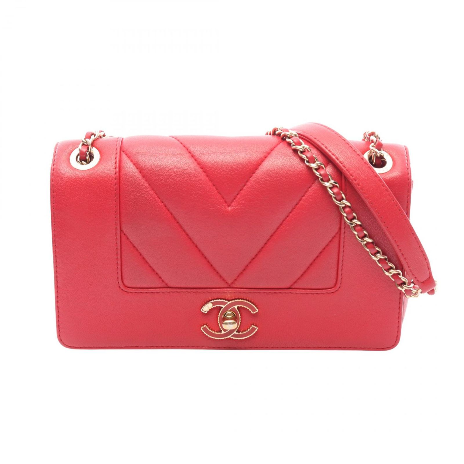 シャネル CHANEL ショルダーバッグ シェブロン Vステッチ レッド