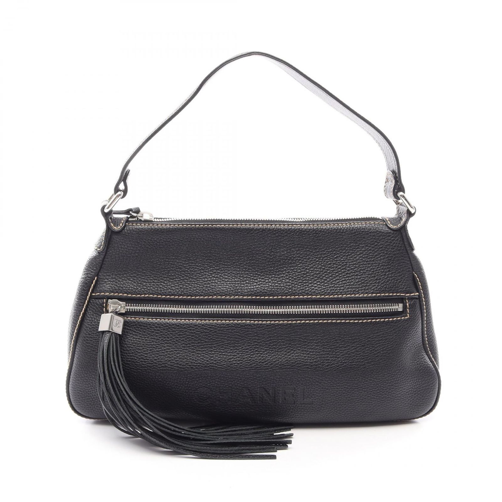 シャネル CHANEL ショルダーバッグ ロゴ フリンジ ブラック レザー