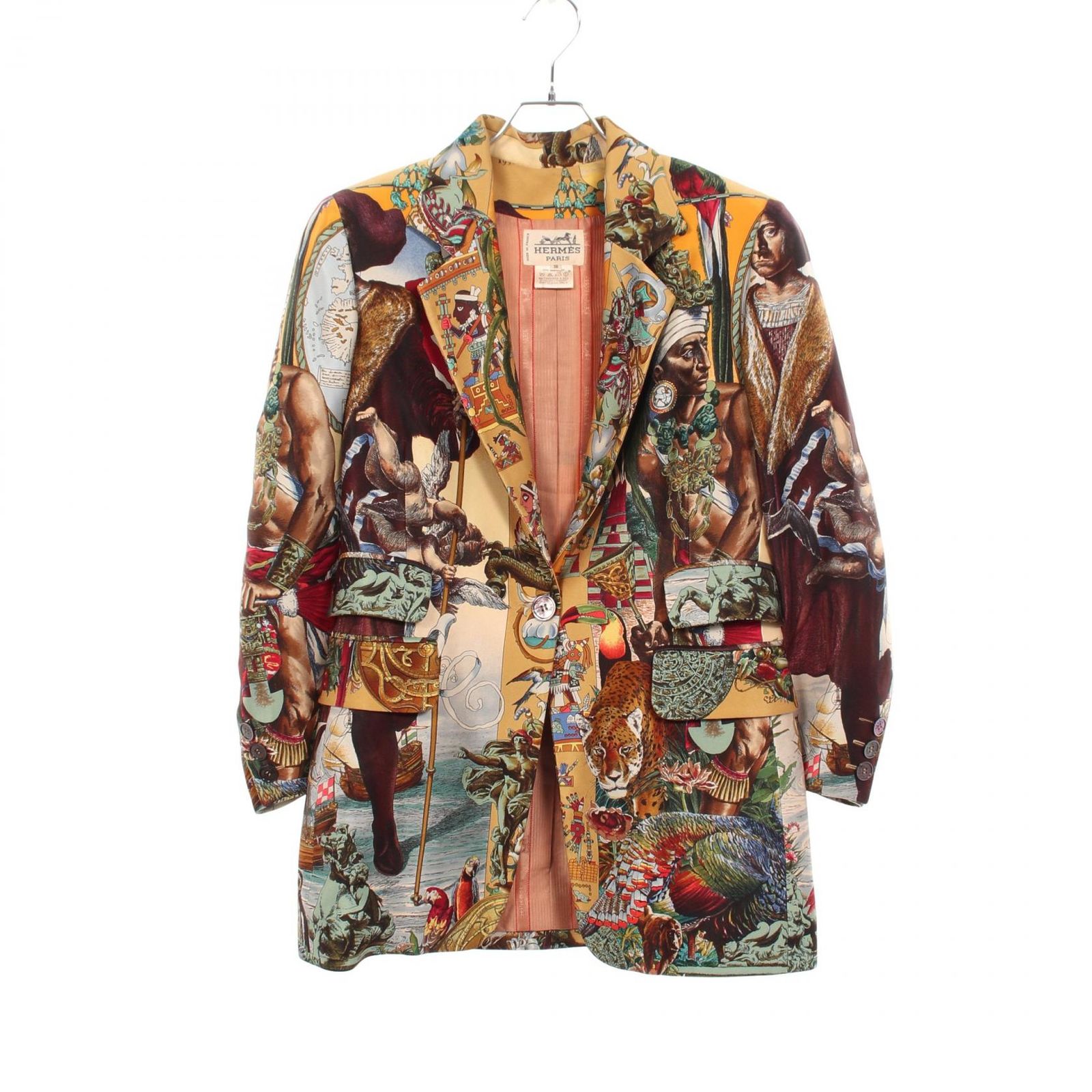 エルメス HERMES テーラードジャケット 総柄 シルク ジャケット アニマル柄 レディース Used C