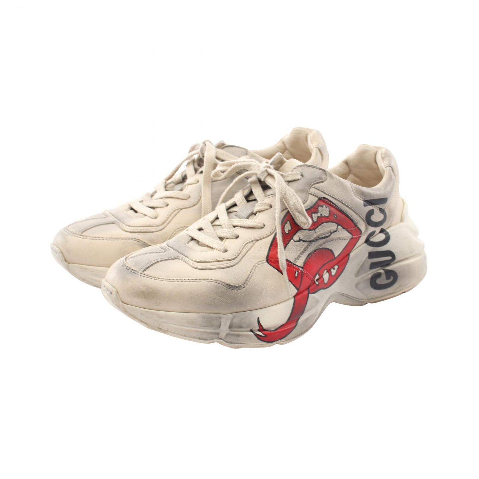 グッチ GUCCI スニーカー ライトン マウス プリント ダメージ加工 552089 レザー スニーカー メンズ Used B