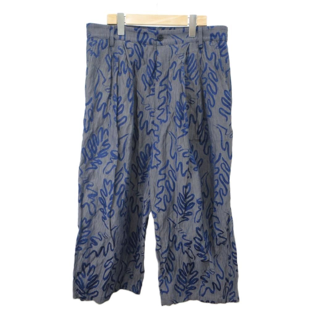ジョルジオアルマーニ GIORGIO ARMANI 21SS クロップドパンツ ワイドシルエット 48R グレー 青 ブルー 総柄 ボタンフライ 1sgpb00l /PP