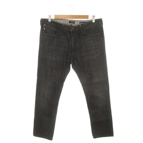 アルマーニ ジーンズ ARMANI JEANS J26 デニムパンツ ジーンズ ロゴプレート レザーパッチ ボタンフライ W34 L34 黒 ブラック グレー /AH5 ■GY50