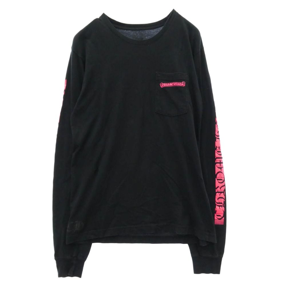CHROME HEARTS クロムハーツ（原本無） Neon Pink Stripe Logo ストライプロゴ プリント 長袖 Tシャツ ブラック系 M【中古】