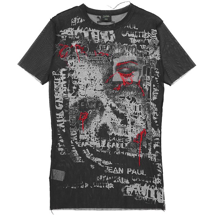 Jean Paul Gaultier ジャンポール・ゴルチェ カットソー サイズ 48 メンズ HOMME パワーネット シースルー ポートレート プリント プルオーバー ショートスリーブ 半袖 トップス ブラック レッド 黒 赤 日本製