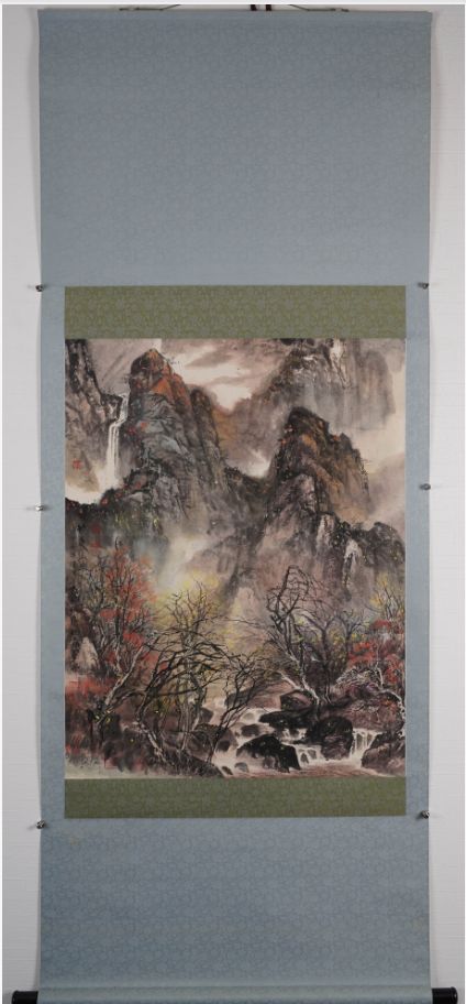 柏拙『秋色山泉』中国掛軸 設色紙本 山水画 風景画 滝 中国美術 骨董