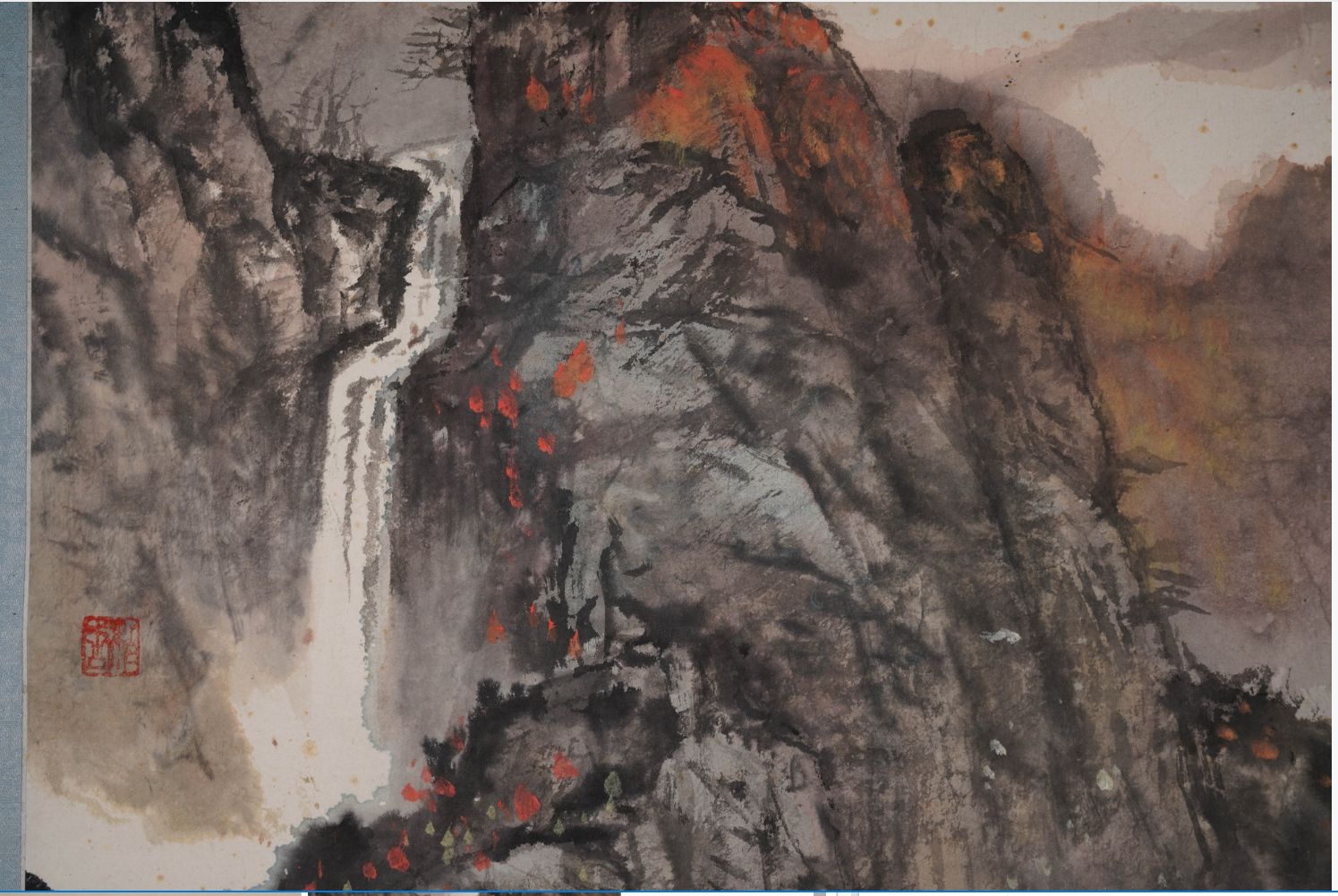 柏拙『秋色山泉』中国掛軸 設色紙本 山水画 風景画 滝 中国美術 骨董