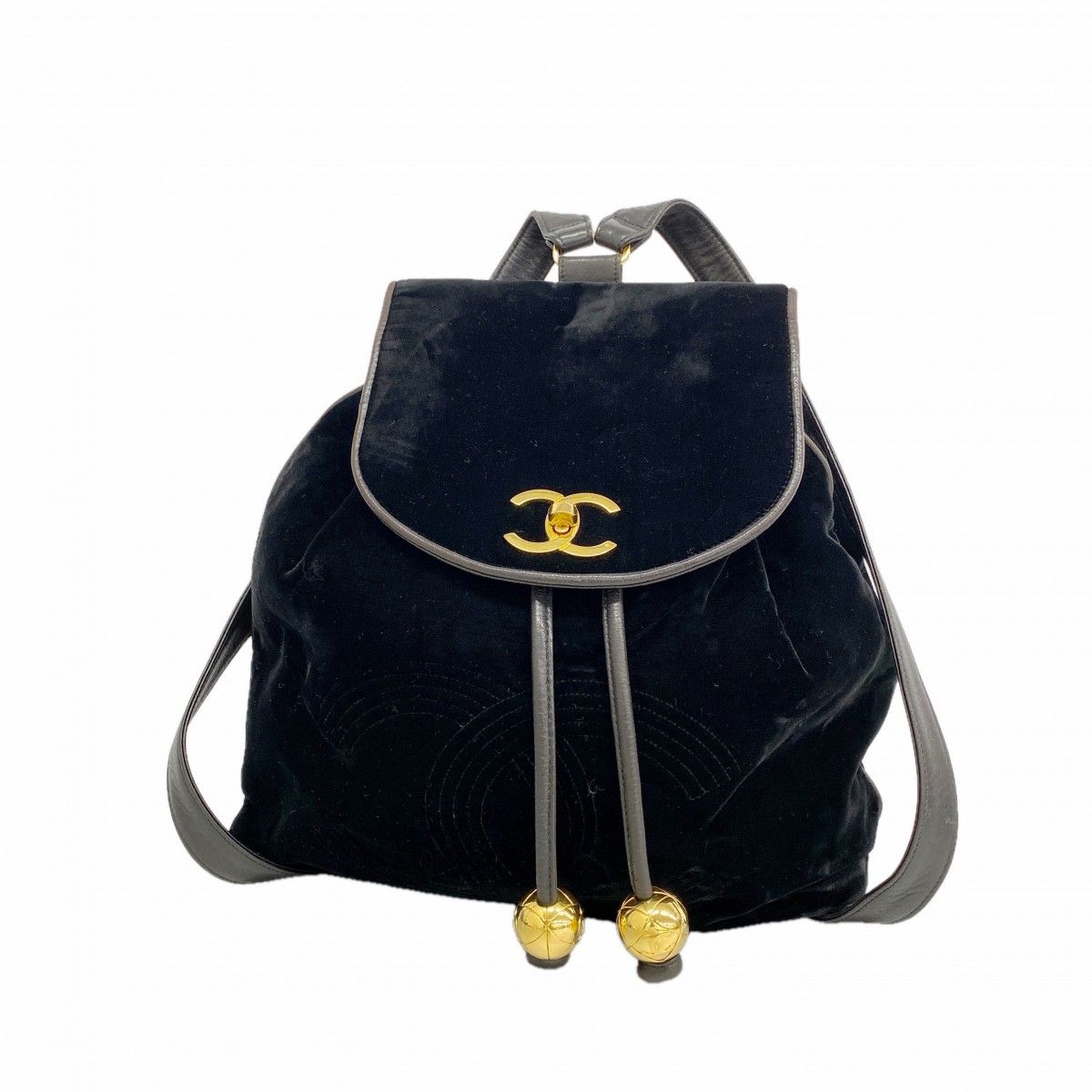 【6fd5043-k】シャネル リュック・デイパック ベロア ブラック ゴールド金具【中古】レディース