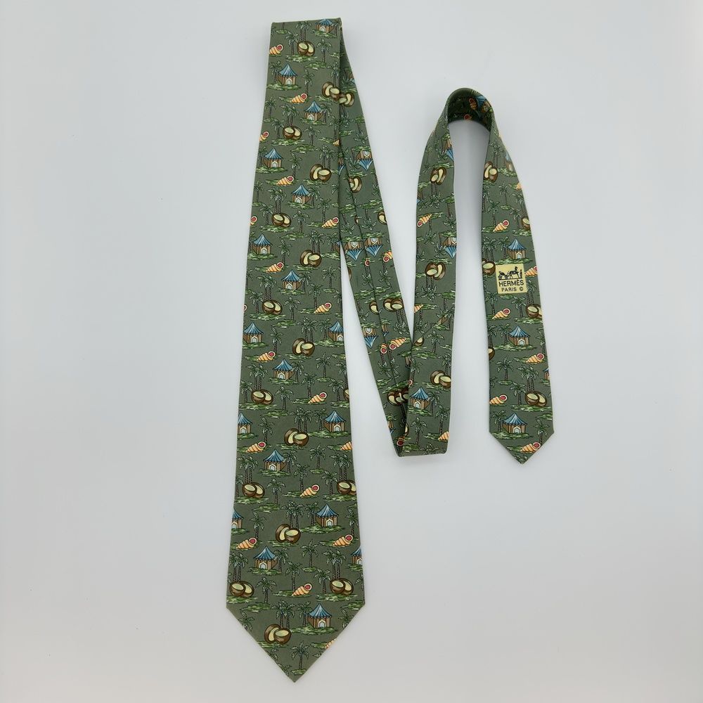 HERMES エルメス ネクタイ 総柄 グリーン 緑系シルク メンズ 全長 142cm A 中古美品